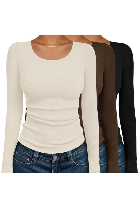 3 Pack Long Sleeve Shirts for Women Scoop Neck Ribbed Knit Basic Tops Casual Thermal Undershirts Stretchy Underscrub Tee