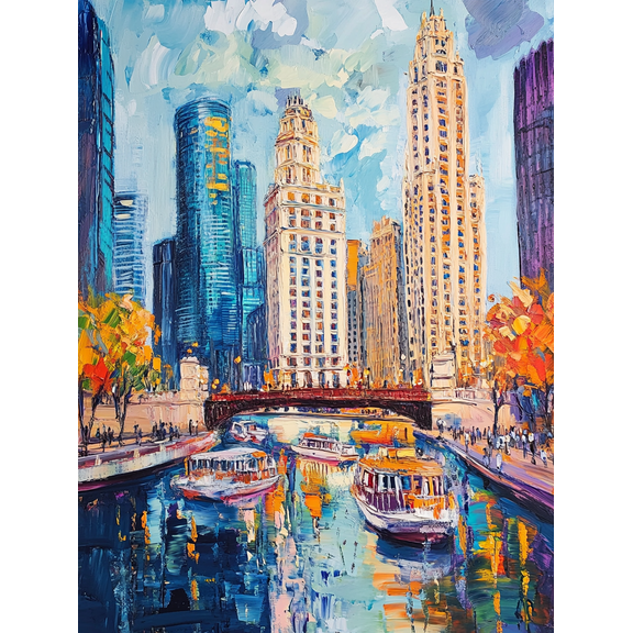 Chicago River Cityscape Canvas Painting, Perfect for Living Room, Bedroom, Office, Hotel, and Restaurant Decoration.