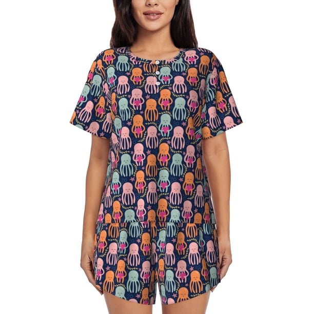 Fotbe Octopus in love Conjunto de Pijama Estampado para Mujer, 2 Piezas, Ropa de Dormir con Camiseta de Manga Corta y Shorts Suaves-Small