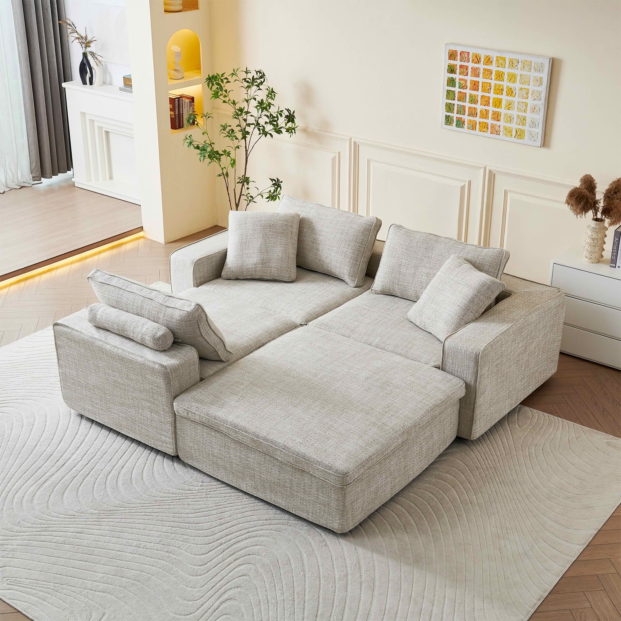 MAYEERTY 131in 4-Seater Cloud Couch with Ottoman, Washable Linen Cover, Pocket Springs & Compressed Delivery，Beige