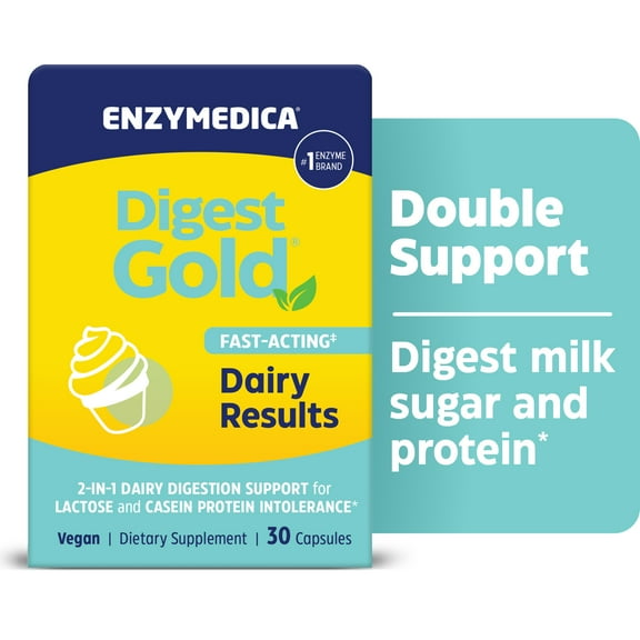 Enzymedica Digest Gold Fast-Acting Dairy Results for Full Dairy and Lactose Relief, 30 Count