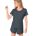 thumbnail image 5 of CPNG Girls 2 Piece Short Set Kids Summer Outfit Soft Solid Color Short Sleeve Crewneck T-shirt Elastic Waist Shorts Sweatsuit Set(Navy,3-4 Years), 5 of 9