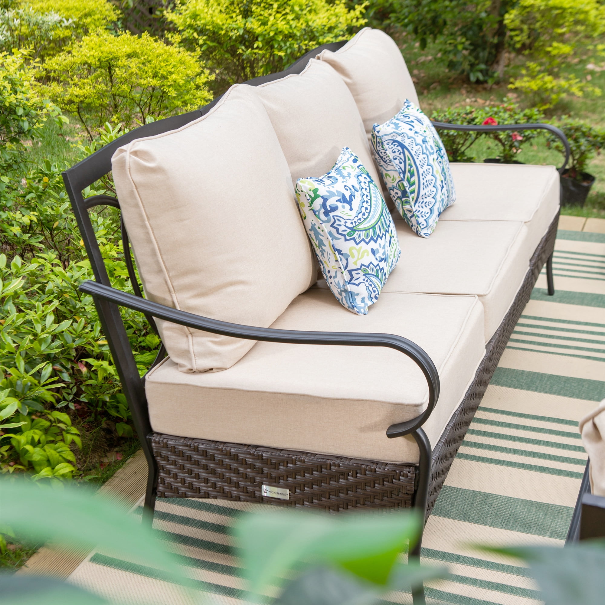 SUMMIT LIVING 6-Piece Outdoor Patio Furniture Set with Swivel Chairs & Ottomans, 7-Seat Outdoor Patio Conversation Set with Cushions, Black & Beige