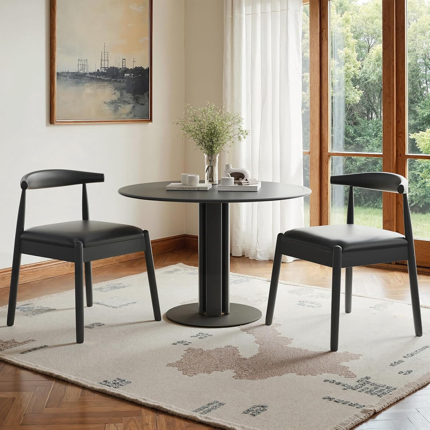 Farini Mid-Century Dining Chairs Set of 2, Solid Wood Frame & PU Leather Upholstered Seats, Black