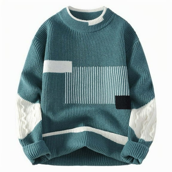 Fjofpr Cyber and Monday Deals Winter Clothes for Men 2024 Man Color Match Pattern Intensification Warm Round Neck Base Shirt Blouse