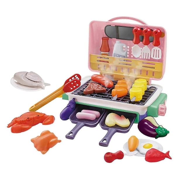 Pink magnetic tiles Children's Barbecue Rack Toy Kitchen Cooking Realistic Spray Light Sound Color Changing Game Food Set