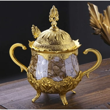 Brown Porcelain Round Sugar Bowl Gold