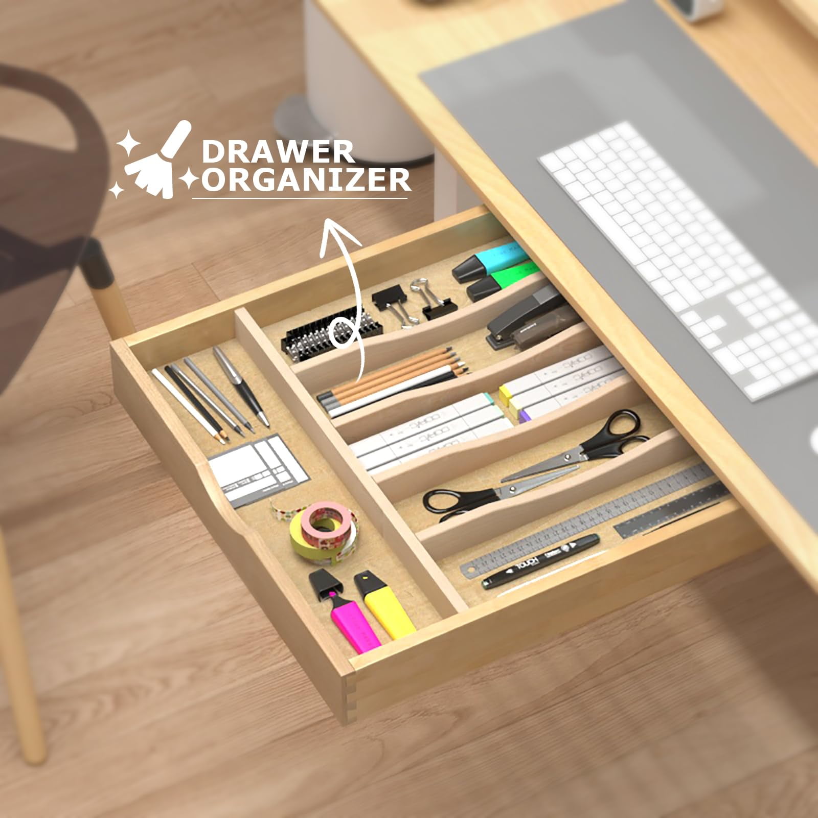 6 Slot 20"x19" Silverware/Flatware Drawer Organizer Tray with Divider, Utensil Drawer Organizer, Cutlery Tray Organizer, Tool Drawer/Junk Drawer Organizer (Natural Wood)