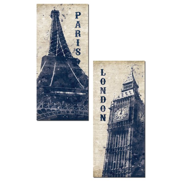 Beautiful Patriotic Indigo Paris Eiffel Tower and London Big Ben; Two 8x18in Poster Prints