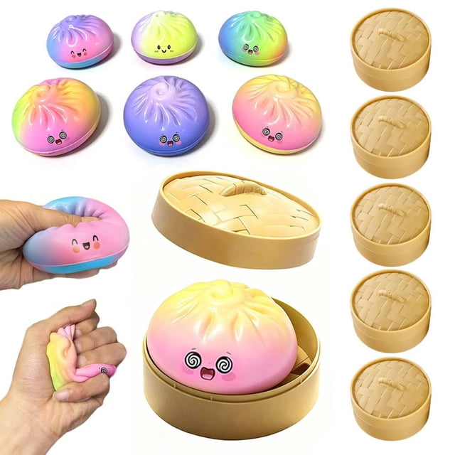 Dumpling Squishies Mystery Set with Steamer Box, Super Mega Rainbow Dumplings, Jumbo Sensory Stress Relief Fidget Toy, Giant Pink Dumpling Squishies Stress Ball for Anxiety Relief for Adults and Teen