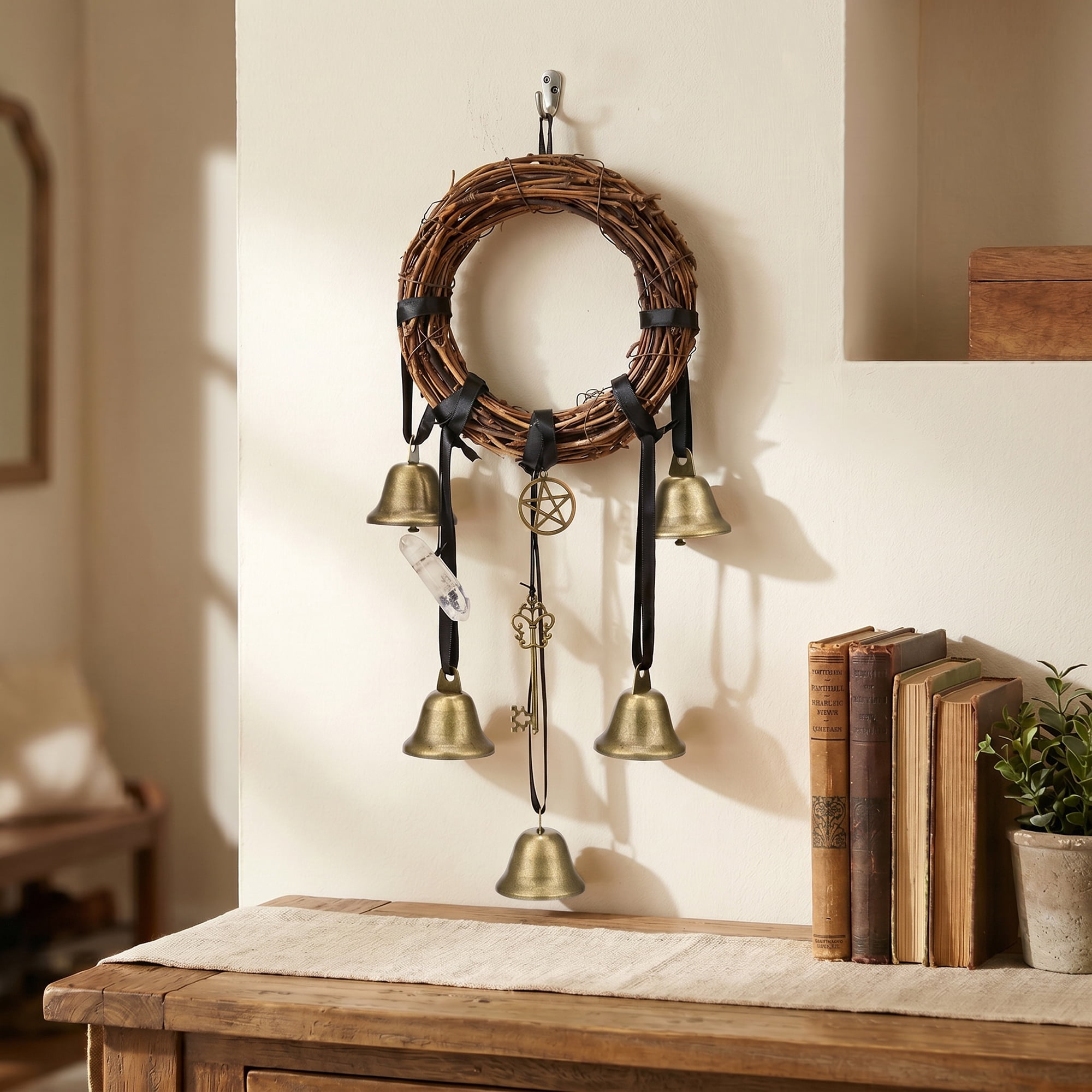 Unique Bargains Rattan Wreath Knob Protection Bells Bronze Black Rope 3.5" x 2.4" x 12.2"