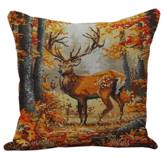 Autumn Forest Scene Deer DIY Stamped Cross Stitch Pillow Kits Embroidery Pillowcase 11CT Counted Needlepoint Handmade Cushion Cover Home Sofa Christmas Decoration 18x18inch(3)