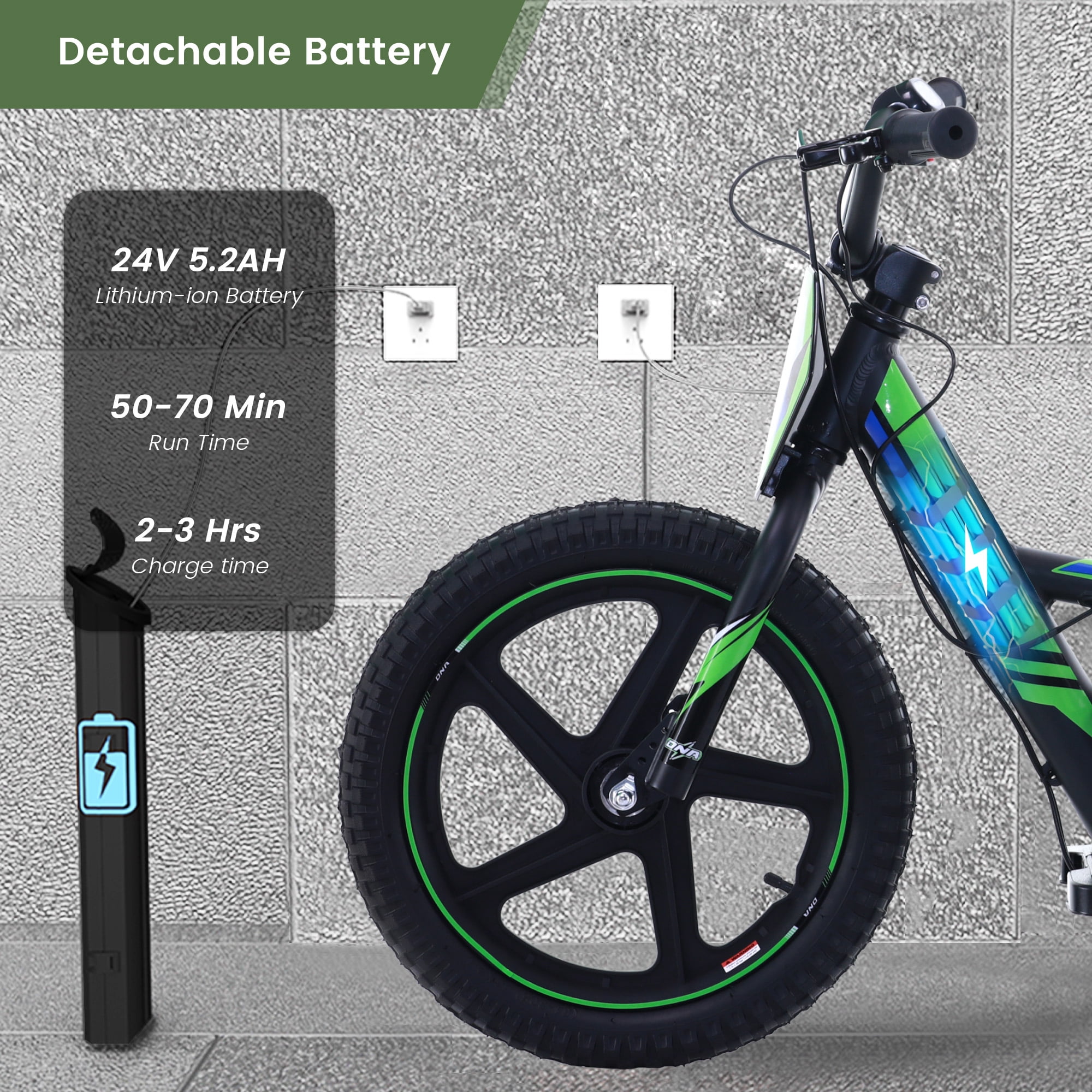 Electric Dirt Bike for Kids, 340W Racing Grade Brushless Motorcycle for Ages 5-12, 3 Speed Modes, 16 inch off Road Tires, Green