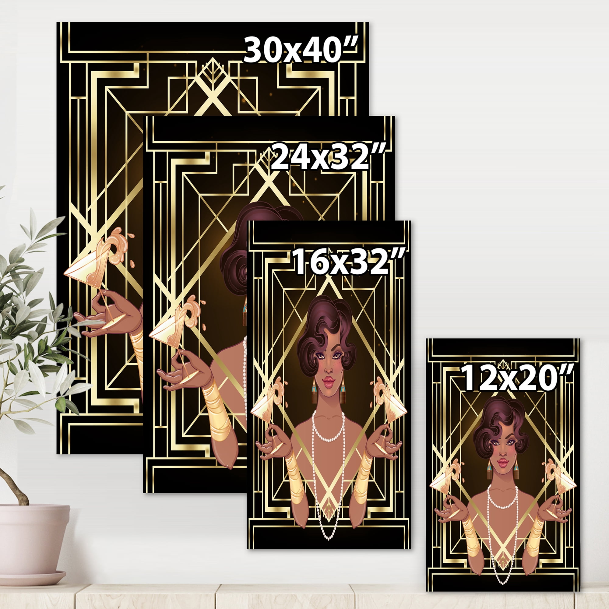 Designart ' Retro Girl In Golden Art Deco Geometrics I ' Modern Canvas Wall Art Print