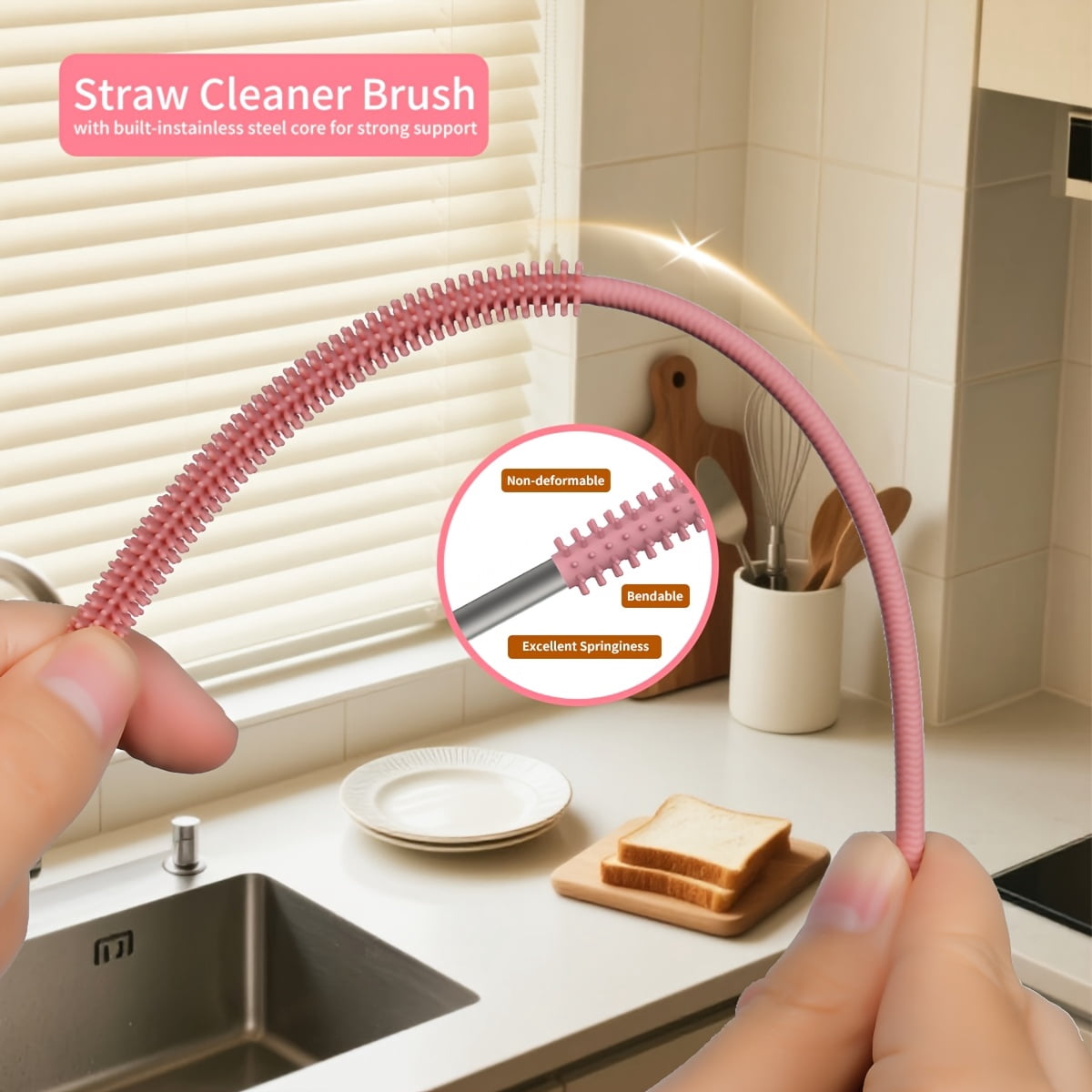 Silicone Straw Cleaning Brush | Extra-Long Slim Brush Head, Designed for Narrow Tubes, Easily Reaches into Lid Straws/ Bottle Straws/Thermos Cups, Food-Grade Flexible for Thorough Stain Removal