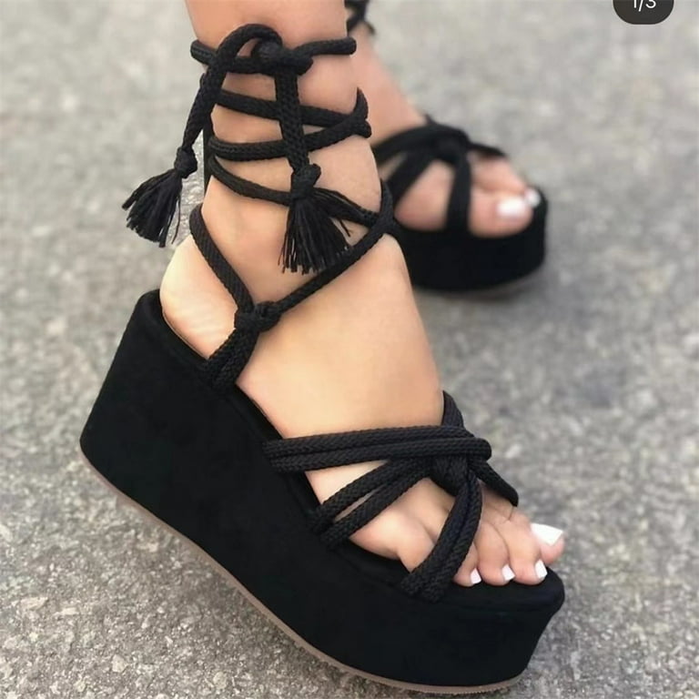 KBODIU Women s Wedge Sandals Flat Bottom Slope Heel Wrap And Crossed Hemp Rope Sandals Black 39