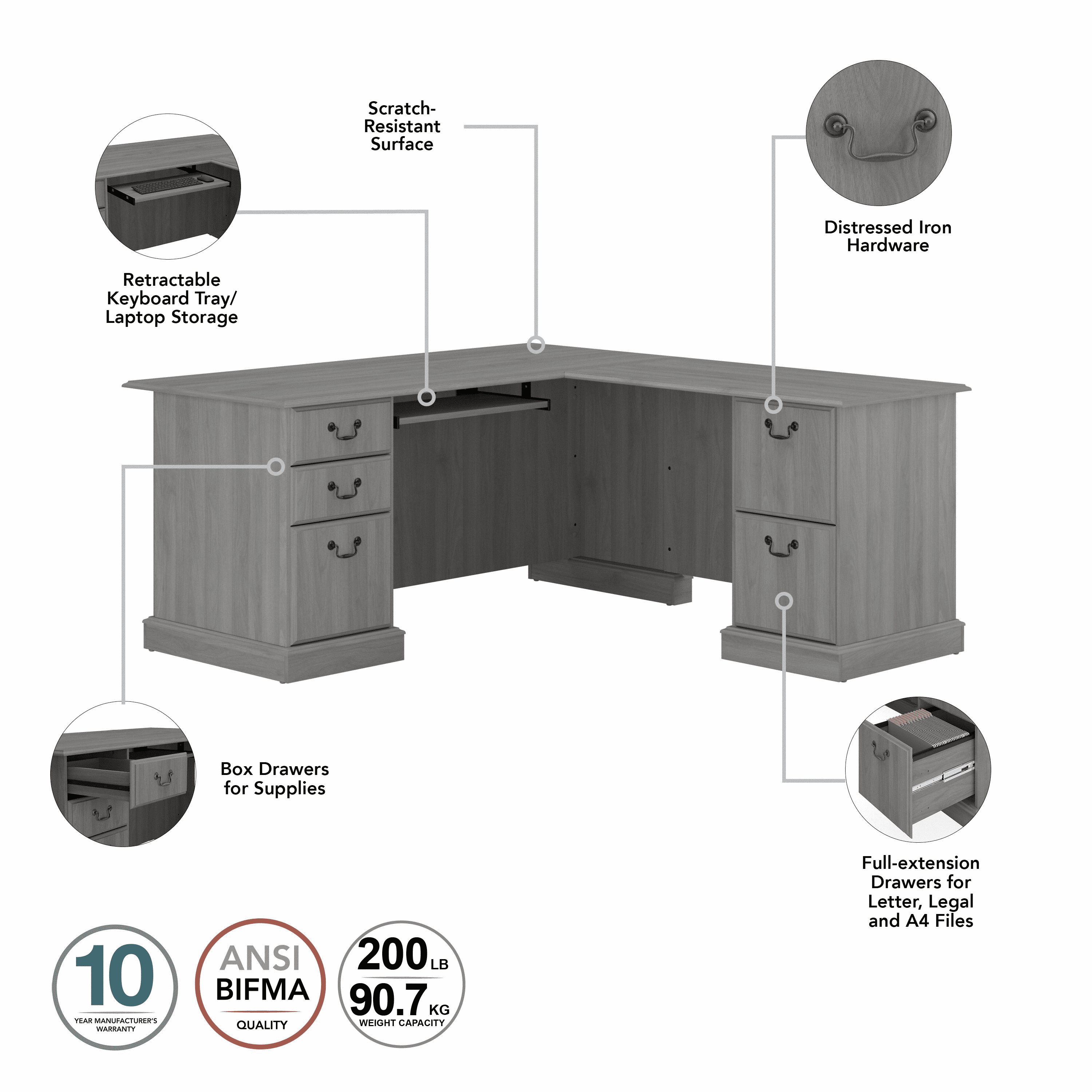 Bush Furniture Saratoga L Shaped Computer Desk with Drawers in Modern Gray