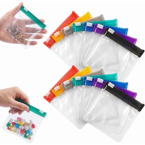 Self Sealing Medicine Bags, 14 Pack Waterproof Pill Pouches with Zipper, Reusable Travel Organizer for Vitamins & Daily Use (14 pcs, Multicolor)