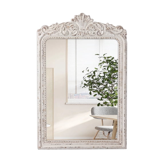 Sintosin Vintage Wall Mirror 24"x36", Farmhouse Big Wood White Bathroom Mirror, Rustic Arched Baroque Ornate Wooden Frame