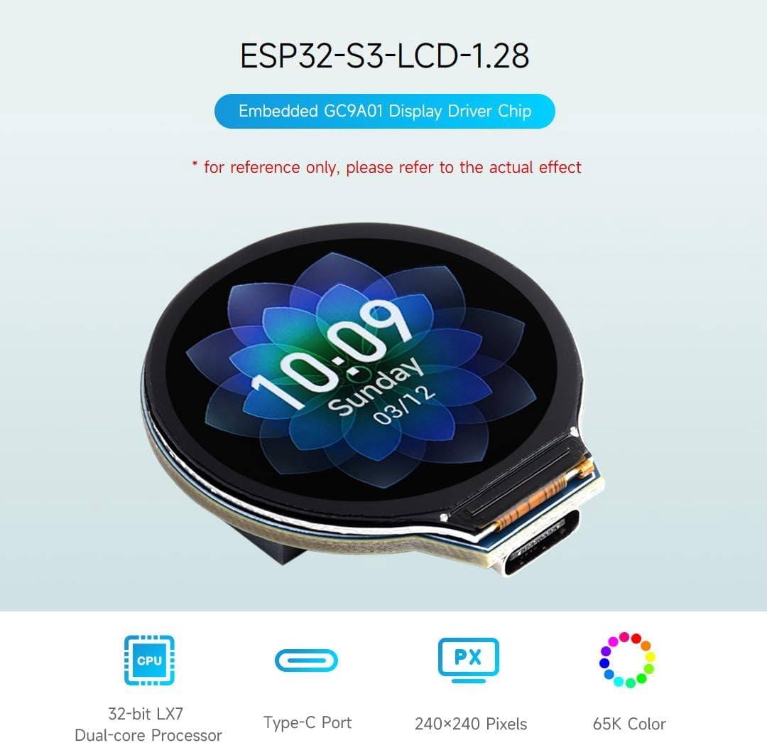 ESP32-S3 Development Board, 32-Bit LX7 Dual-Core Processor, Integrates GC9A01 Display Driver Chip, with 1.28inch IPS Round LCD, 240×240 Resolution, Supports WiFi/Bluetooth