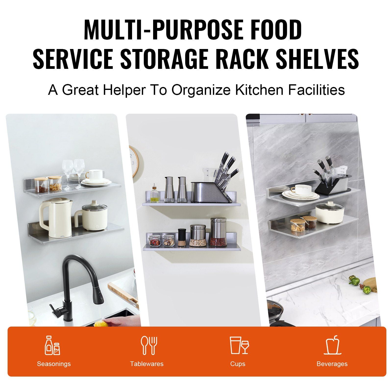 8.6 x 24 Inch Stainless Steel Wall Mounted Floating Shelf with Backsplash 44 lbs Load Capacity Heavy Duty Commercial Storage Rack for Restaurant Kitchen Bar Home Hotel