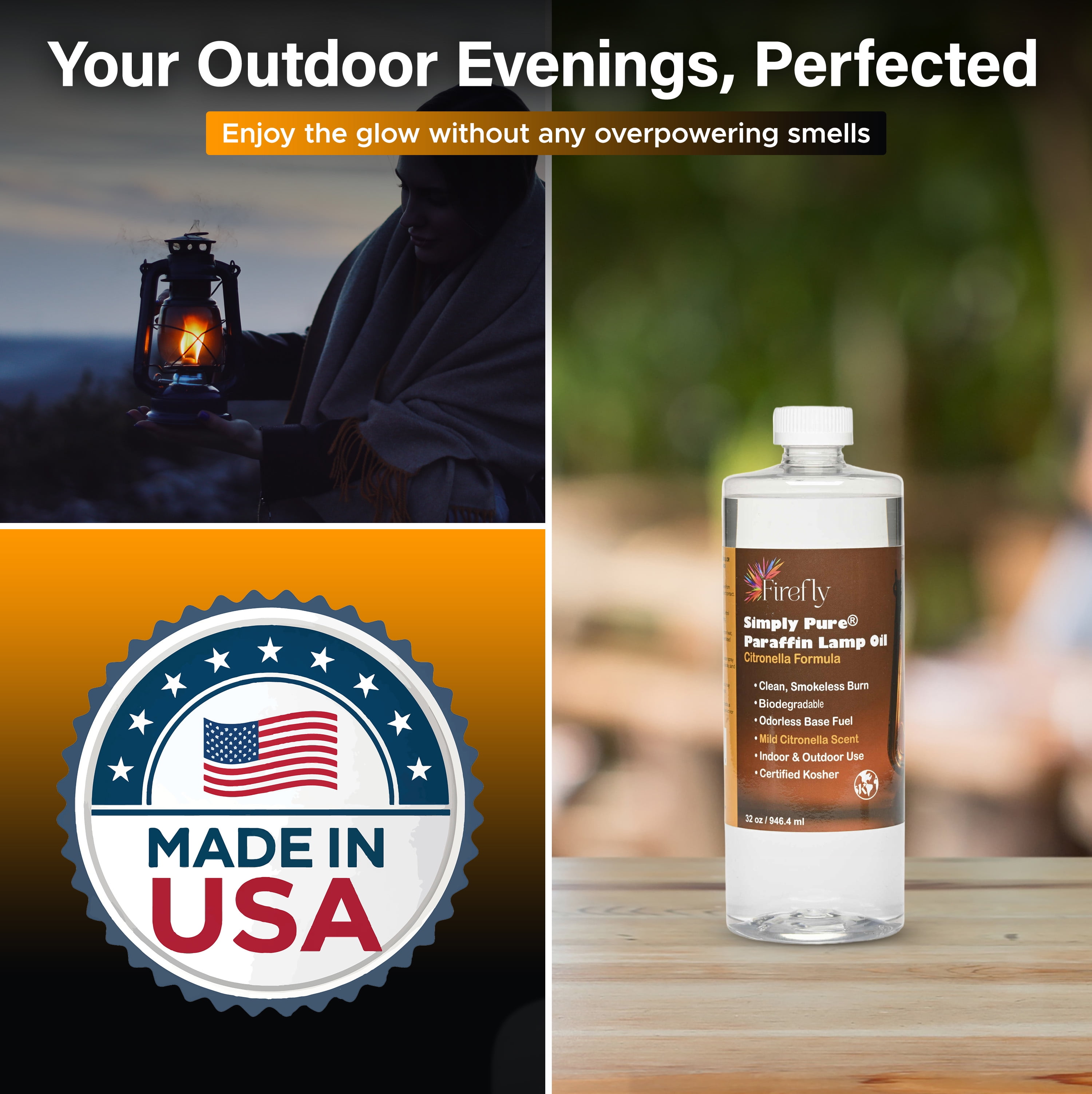 Firefly Fuel Premium Liquid Paraffin Lamp Oil for Indoor Use 32 oz - Indoor Smokeless Odorless Paraffin Oil Fuel for Lamps, Lantern, Candle, Citronella, Kosher