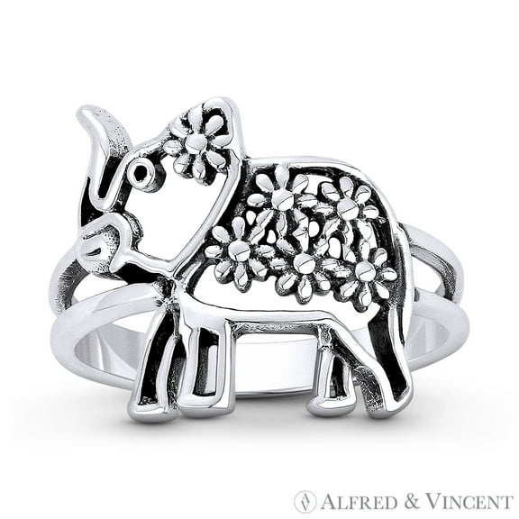 Elephant Spirit Animal & Flower Stackable Right-Hand Statement Ring in Oxidized .925 Sterling Silver