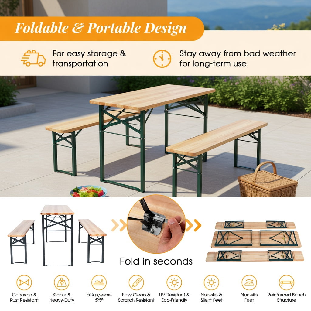Hommoo 3-Piece Folding Wooden Picnic Table & Bench Set, Rustic Fir Wood Top with Iron Frame, Indoor/Outdoor Use, Natural