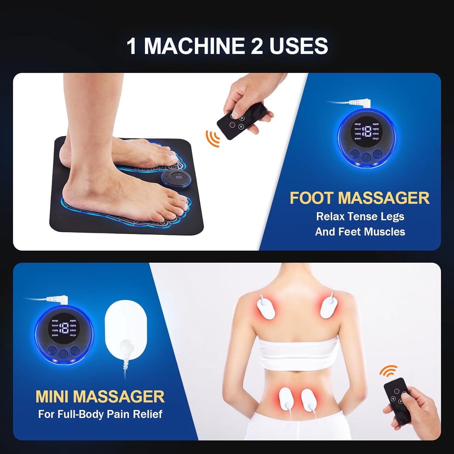 SkyAuks Foot Massager, Massage Tools, Muscle Relaxation,Back & Leg Foot Massage, Portable & Rechargeable Foot Massager Mat with Remote Control, Blue