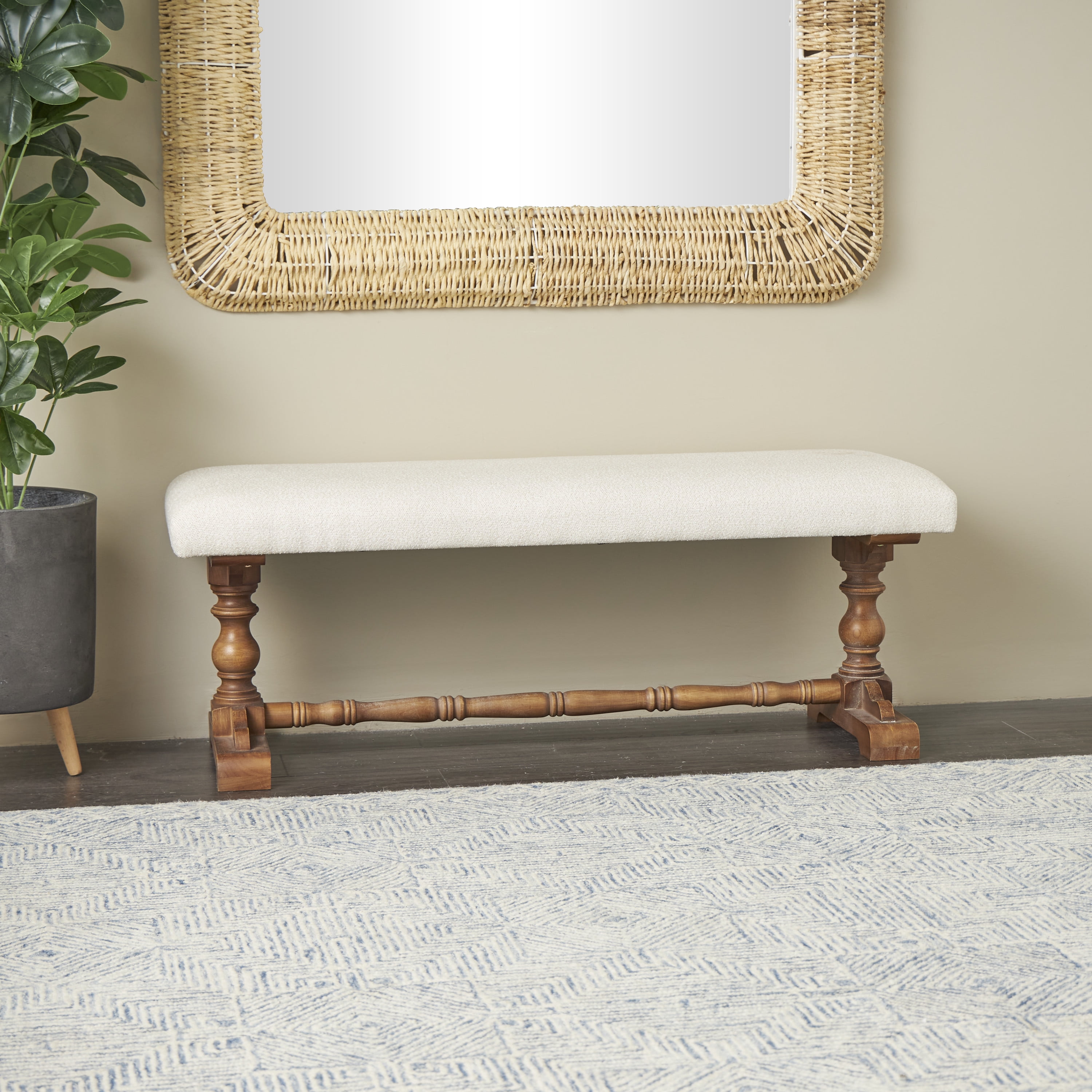 DecMode Fabric Bench with Brown Turned Legs, Cream