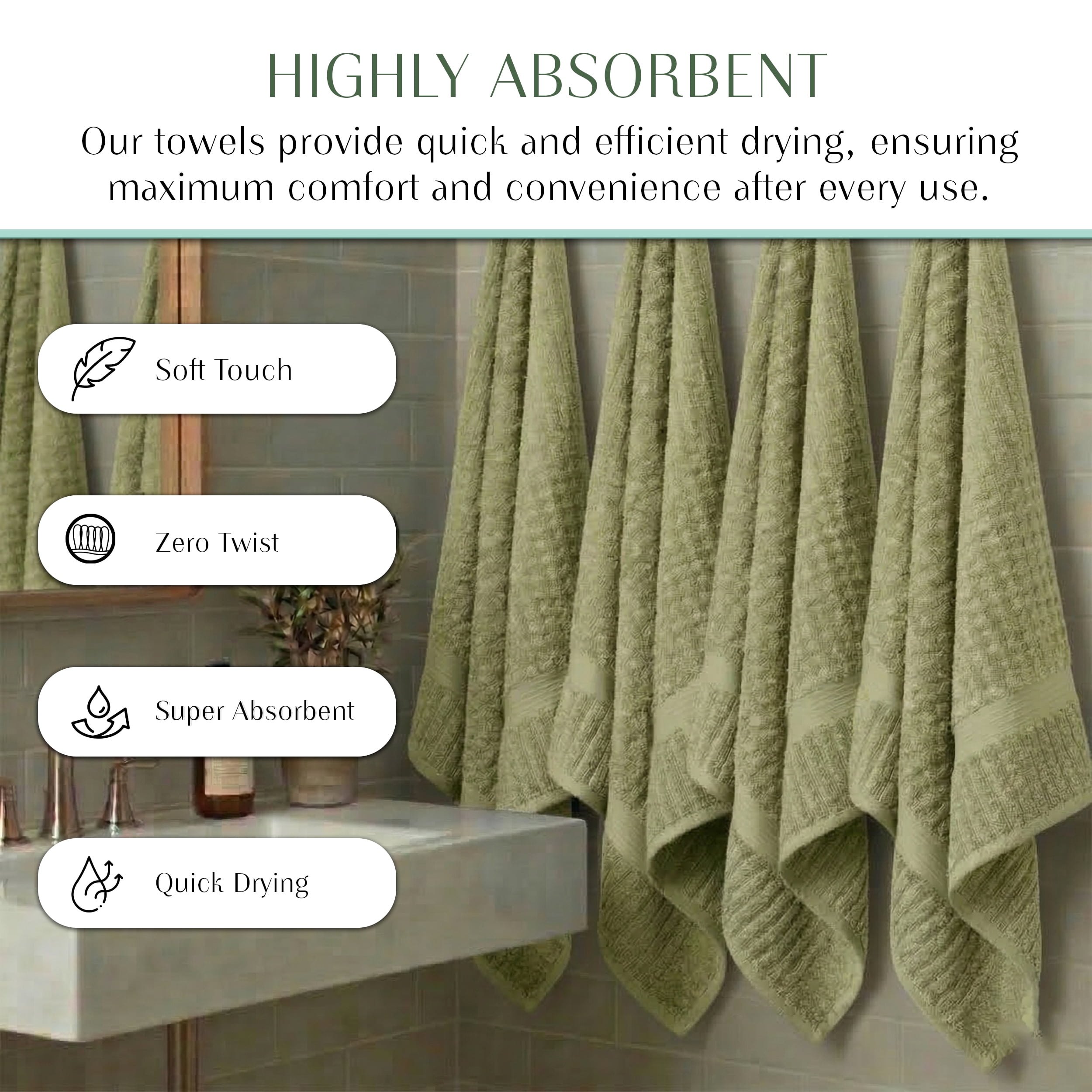 Home Weavers Willow Collection Hand Towels Set of 4 | 100% Cotton Zero Twist | 630 GSM Thick Plush | Soft, Highly Absorbent & Quick Dry | Hotel Quality Luxury Hand Towels | 16x24 Inch | Green