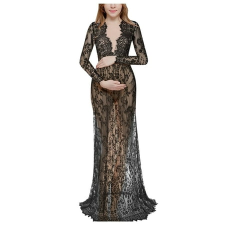 

Shiusina Maternity Photography Pregnant Women Lace Fashion Long Sleeve Sexy V Neck Maxi Evening Dress Black XXL