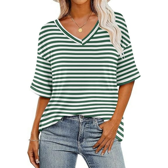 Babysbule Women's V-Neck Short Sleeve Stripe Shirt, Lightweight Soft Cotton Blend, Stylish Summer Top for Daily Wear, Party, Work, Vacation