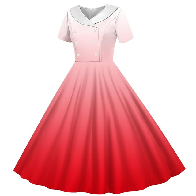 Zpanxa Robes d'Été pour Filles Imprimé Dégradé Manches Courtes Col Rabattu Taille Bouton Robe de Danse Polyester Spandex Rouge 5 Ans