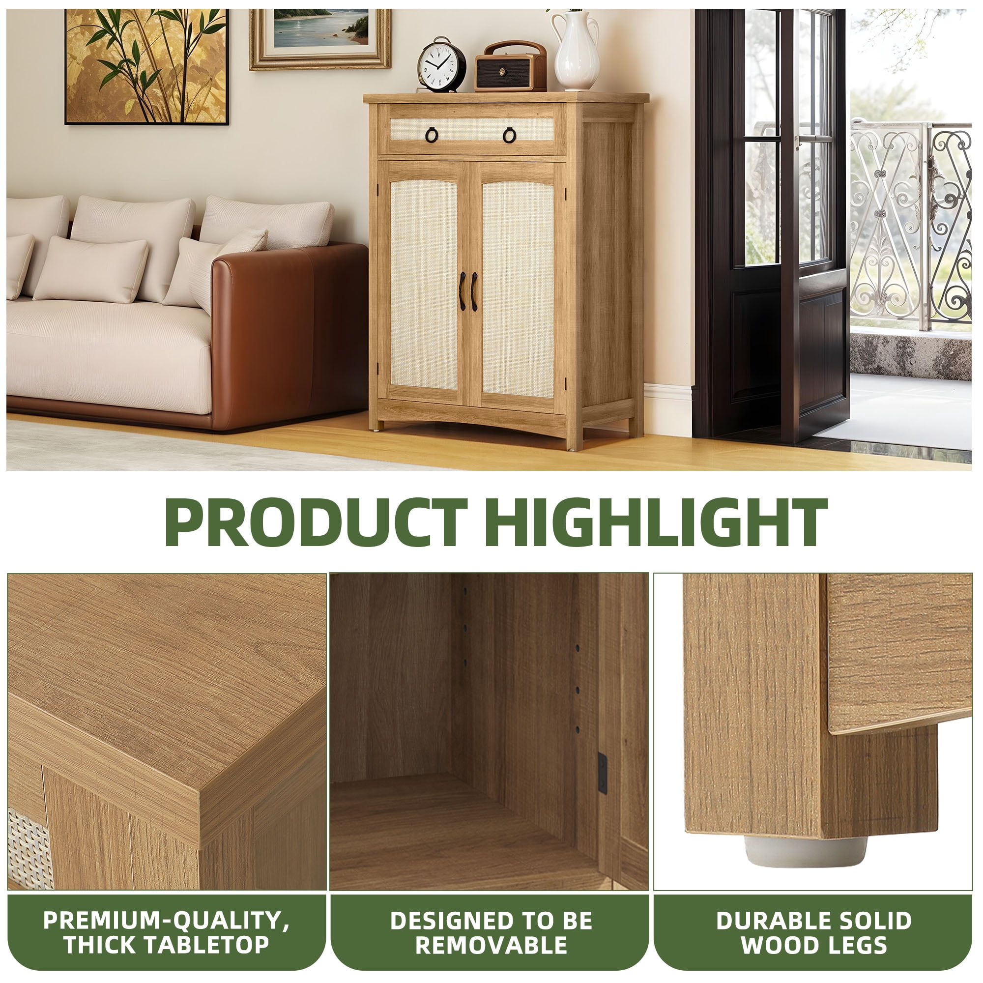 Uforic Shoe Cabinet with Drawers& Door, Rattan Freestanding Shoe Rack Organizer for Entryway, Oak