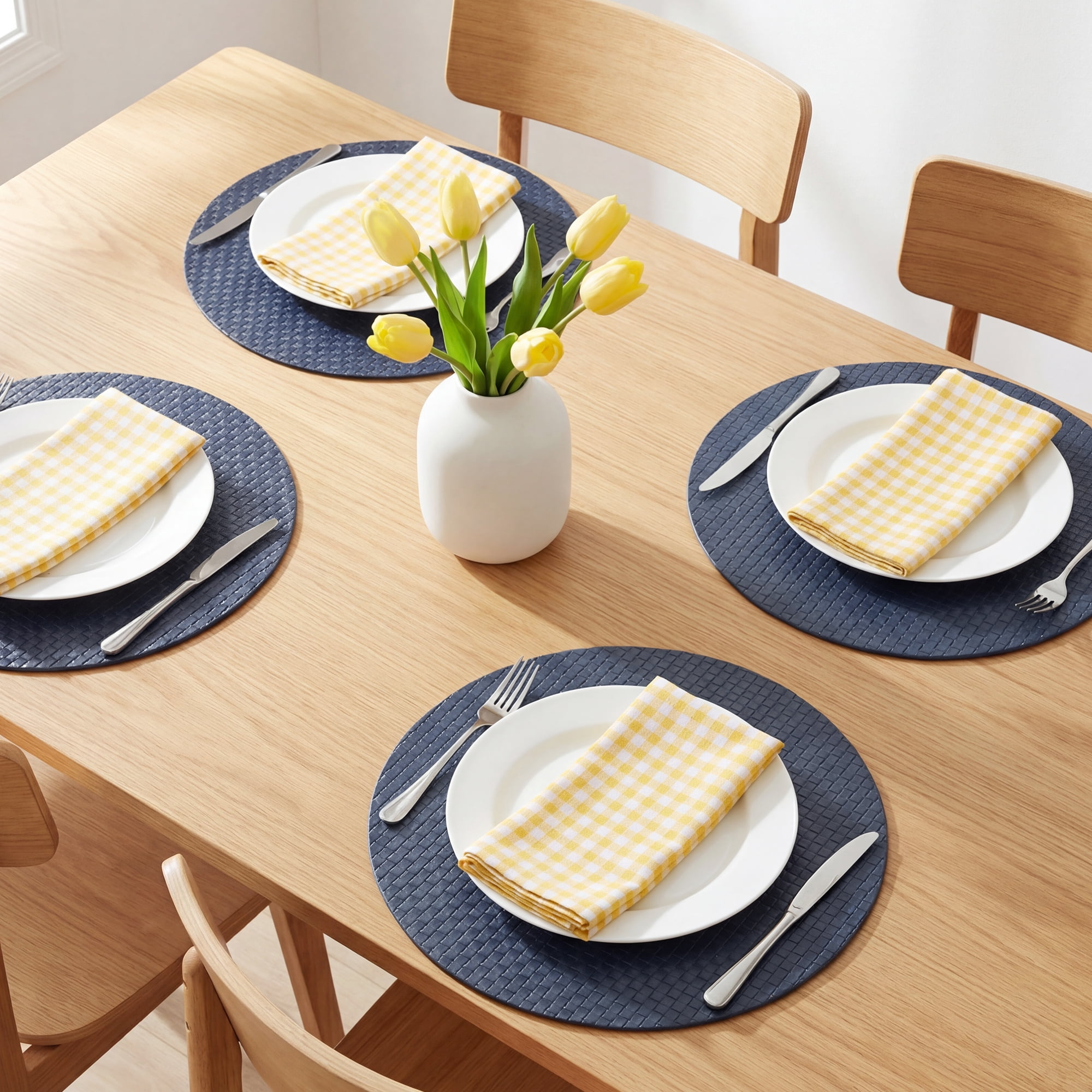 Unique Bargains Round Placemats 6pcs Faux Leather Placemats Blue 15"x15"