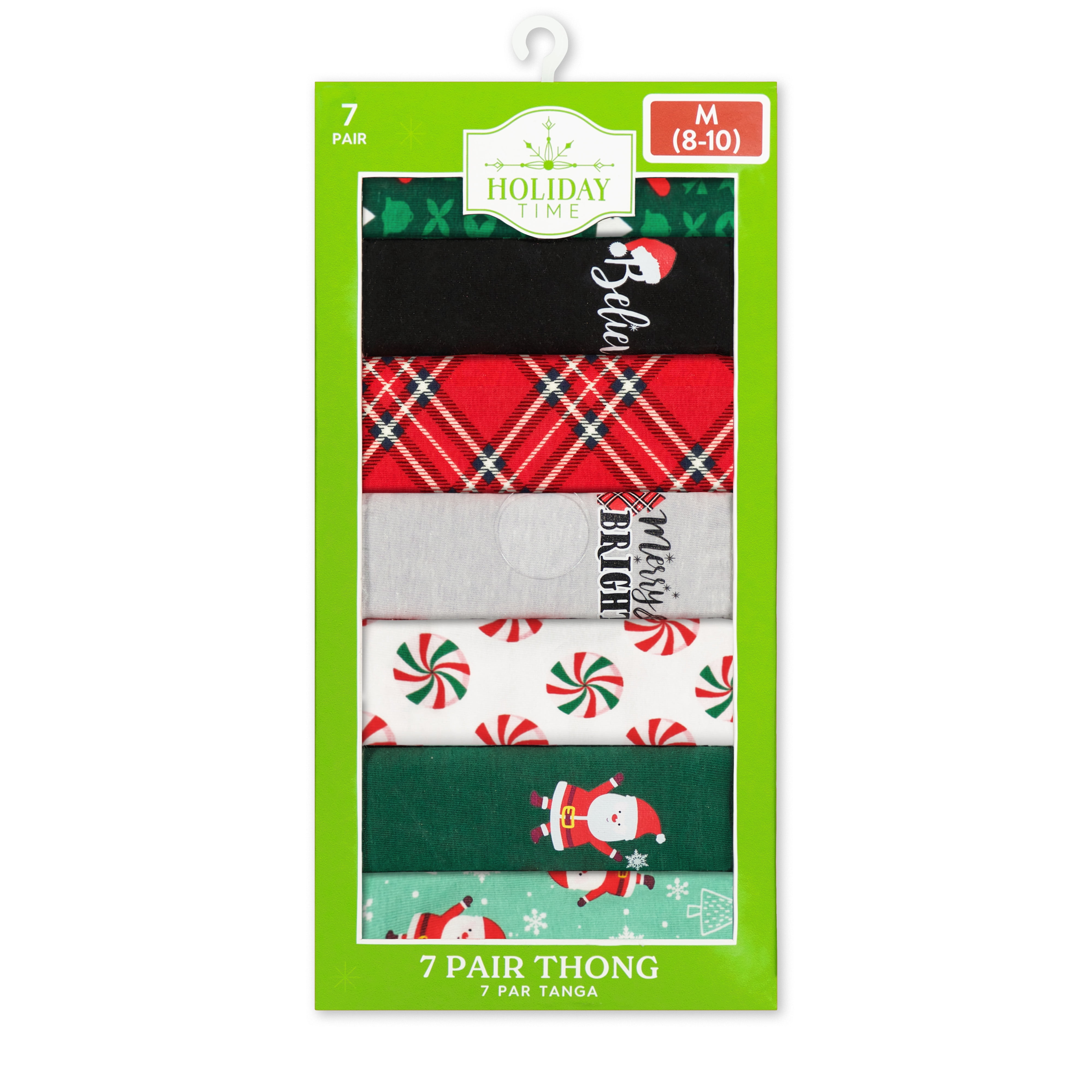 Holiday Time Women's Christmas Jersey Thong, Underwear 7 Pack, S-XXL