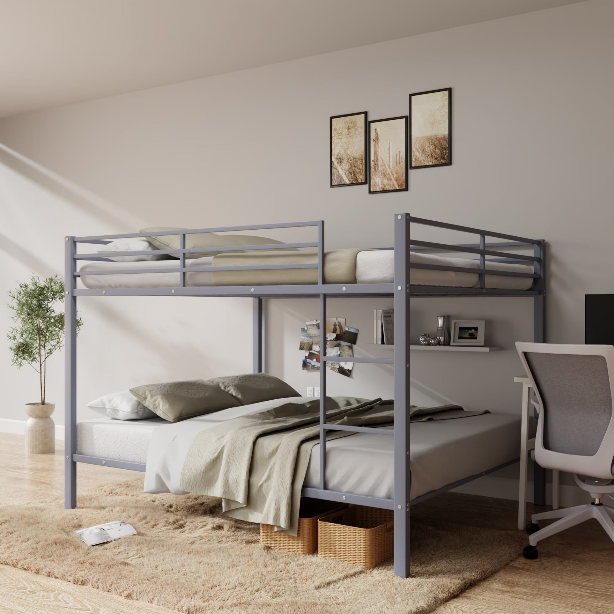 Full Over Full Bunk Bed, Heavy Duty Metal Bunk Bed Frame with Built-in Ladder and Safety Guard Rails, Low Profile Platform Bed, No Box Spring Needed for Kids, Small Spaces, Grey