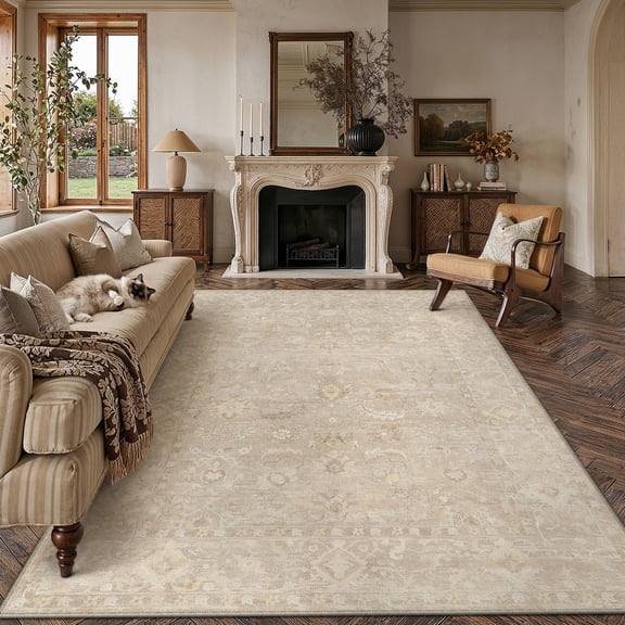 PureCozy 8'x10' Large Area Rugs for Living Room Vintage Oriental Traditional Bedroom Dining Room Office Farmhouse Soft Low Pile Distressed Washable Non-slip Beige Rugs Carpet, Beige