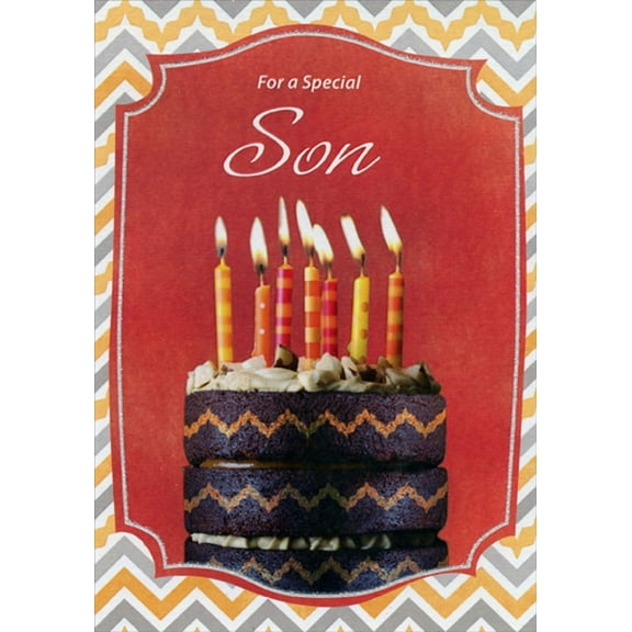 Designer Greetings Chocolate 3 Layer Cake with Orange Zig Zag Pattern Birthday Card for Son