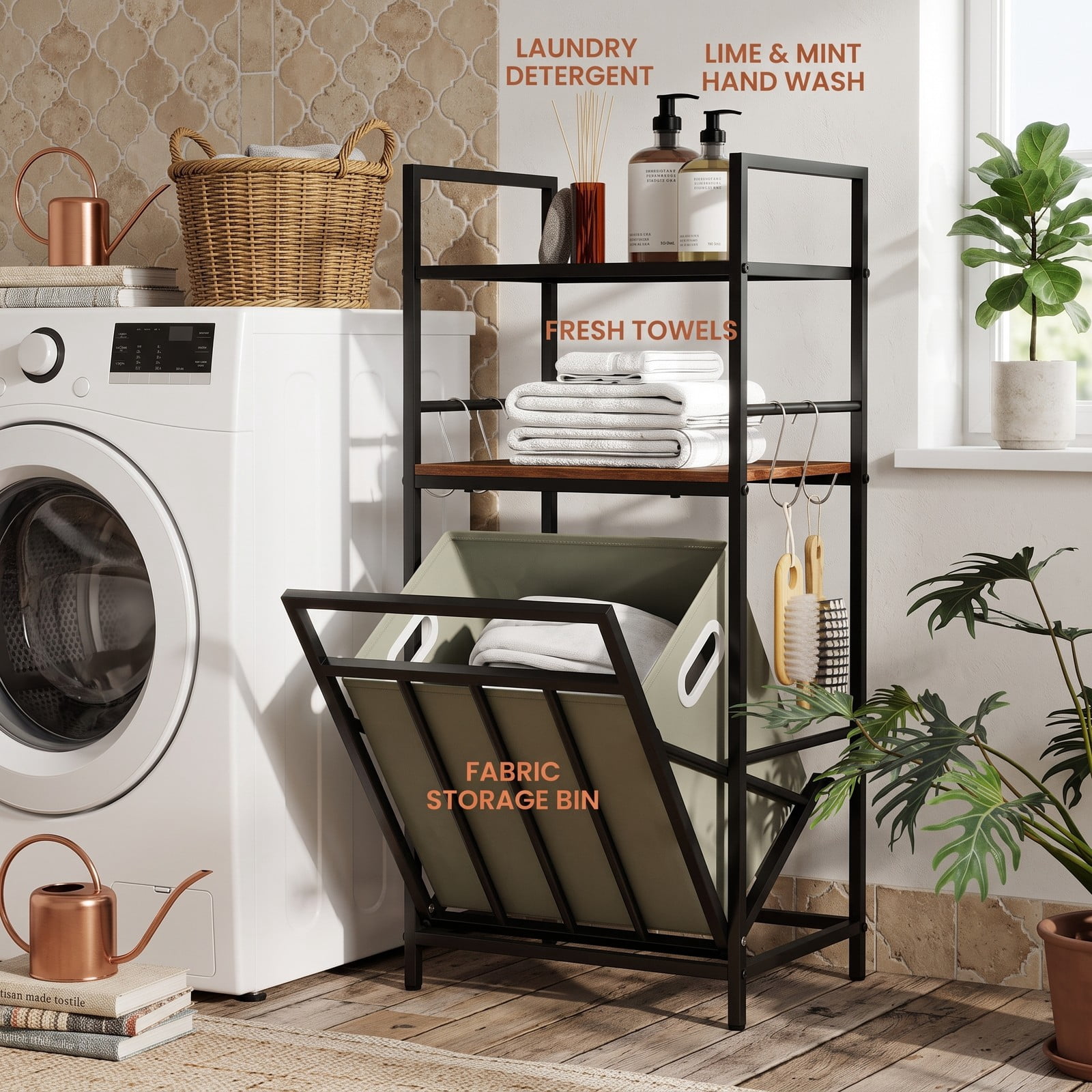 Fenbeli 2-Tier Laundry Hamper with Tilt-out Basket, Metal Wood Laundry Sorter with 9.5-Gallon Removable Bag and 4 S-Hooks, Free-Standing Clothes, Black Rustic Brown