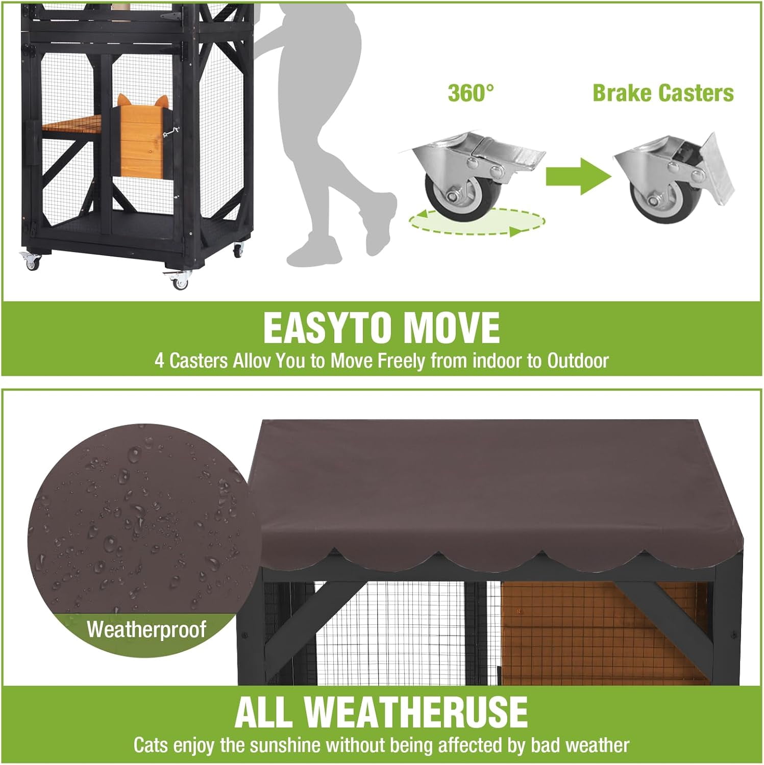 Aivituvin Cat Catio Outdoor Cat House Movable Large Enclosures on Exercise Wheels Kitty Cage with Upgraded Resting Box,Waterproof Cover Black