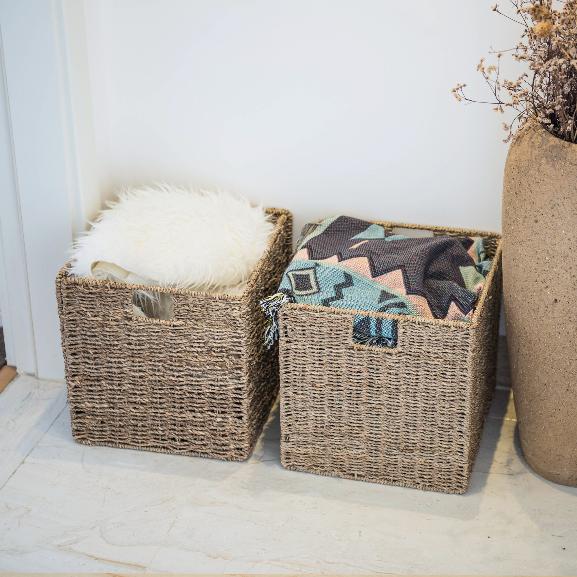 StorageWorks Natural Seagrass Storage Basket, Wicker Woven Storage Baskets with Liners, 2-Pack, Medium, 10.2"x10.2"x10.6