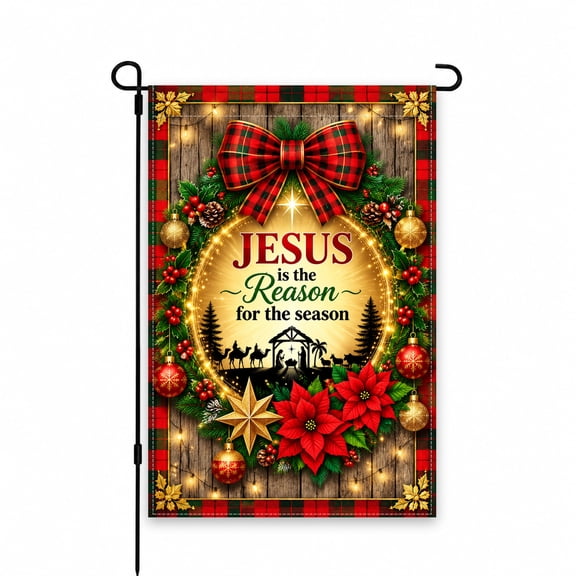 Christmas Garden Flag with Nativity Scene and Poinsettias, "Jesus is the Reason" Plaid Bow Design, 12 x 18 Inches, Holiday Outdoor Yard Decor