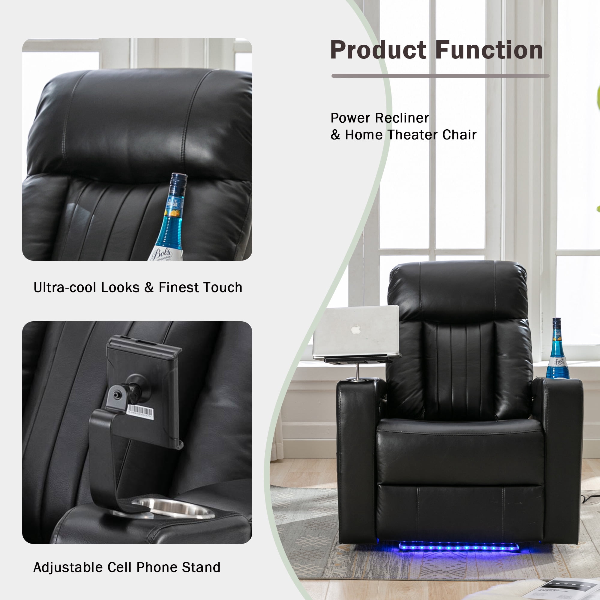 Euroco Premium Power Recliner with Storage Arms, Cupholders, Swivel Tray Table and Cell Phone Stand,Black(Old Sku:SG000451AAA&SG000710AAB)
