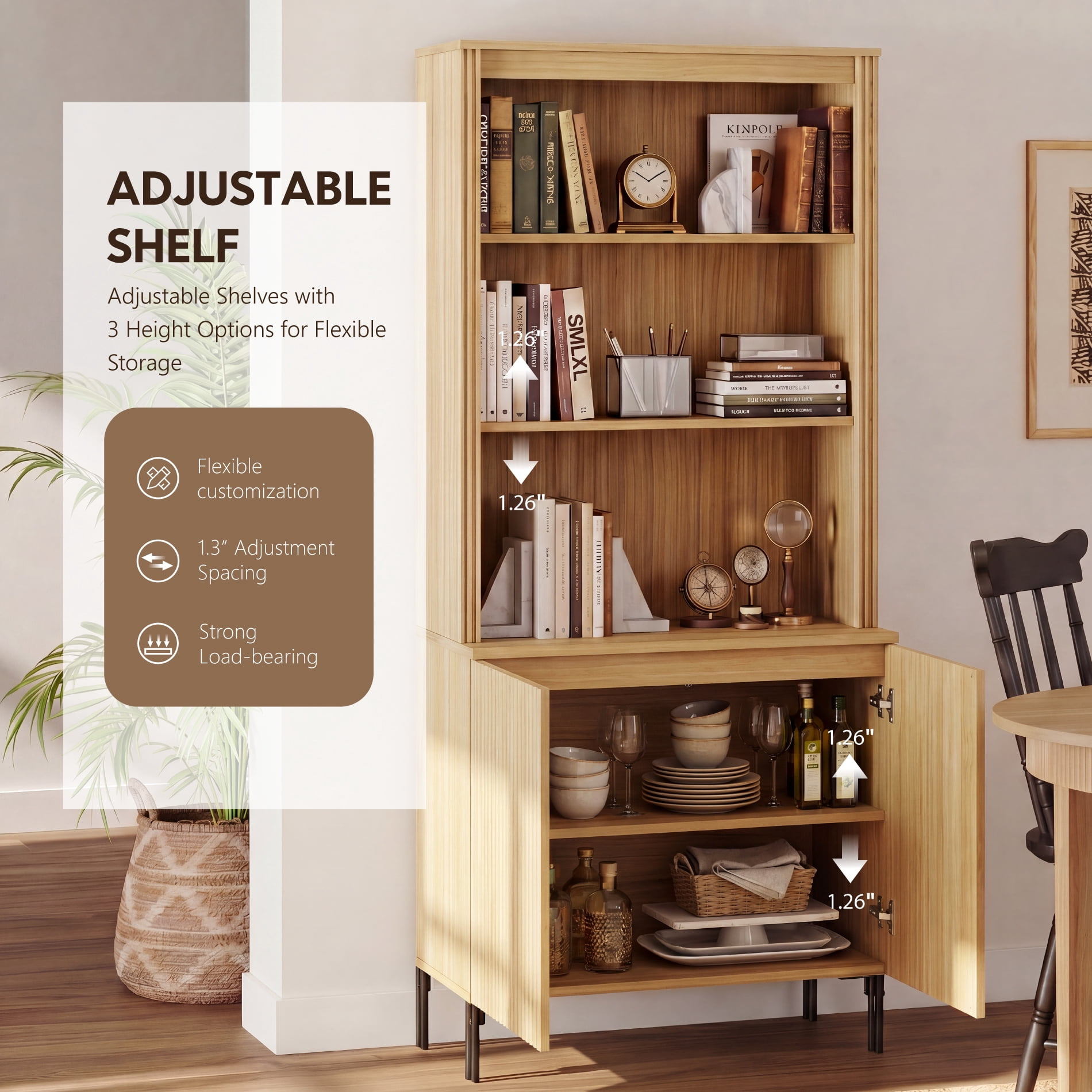71.6" Tall Modern 5 Tier Bookcase with Storage Cabinet, Wooden Display Cabinet with Fluted Doors and Adjustable Shelves, Versatile Bookshelf for Living Room, Study, Office