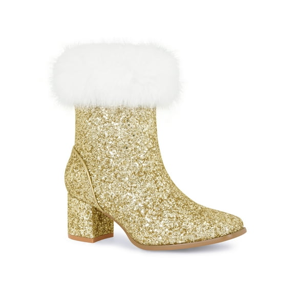 BLISSFUL STEP Women's Ankle Boots Glitter Faux Fur Square Toe Zipper Chunky Heel Boots Gold 7