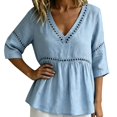 thumbnail image 2 of Women's V Neck T Shirts 3/4 Sleeve Blouse Summer Tops Dressy Casual Loose Fit Basic Tees by Yigetop Sky Blue M, 2 of 6