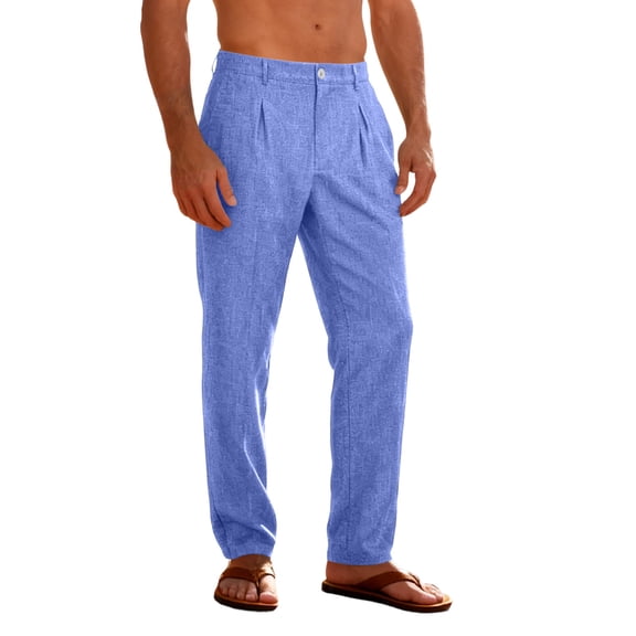 BVnarty Men's Cotton Linen Wide Leg Pants Casual Pleated Loose Fit Elastic Waist Lightweight Breathable Beach Yoga Lounge Trousers with Pockets Sky Blue S