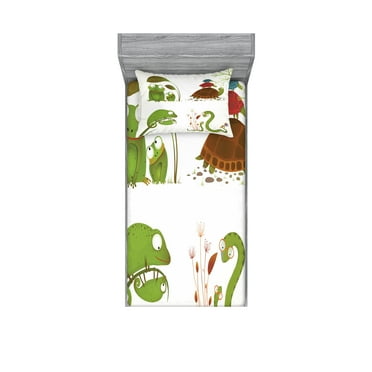 Ambesonne Animal Fitted Sheet & Pillow Sham Set, Snake Frog Ninja Reptile, Twinxl, Green Brown Red